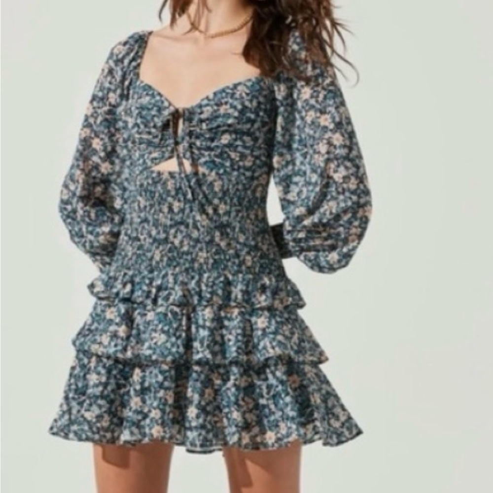 Astr The Label Blue and Cream Mini Dress